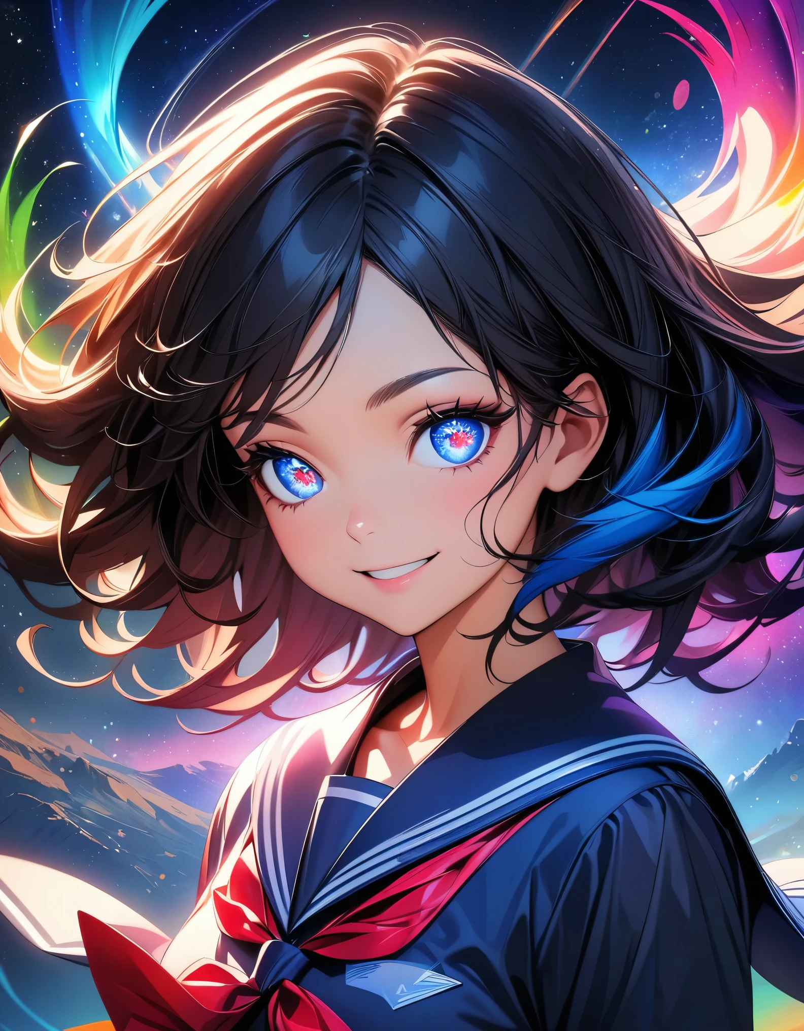 (highest quality:1.2, Very detailed, up to date, Vibrant, Ultra-high resolution, High Contrast, masterpiece:1.2, highest quality, Best aesthetics), (((1 girl))), Beautiful school girl, Sailor suit, smile, Detailed eyes, Long eyelashes, A rich expression, Surreal design, Mysterious Universe, A vibrant geometric starry sky background, ((A floating pose:1.4, Random Pause)), Spectrum, Fantasy art, Digital Paint, ((Space)), A flower field with a fantastic celestial body, Seven-color light source, Beautiful landscape of light, Dark color palette, Colorful starry sky, Energy Rush, Thoughts on a distant and fleeting galaxy.