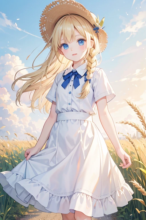 masterpiece, highest quality, High resolution, One 7-year-old girl、blue eyes、
Blonde,  Braid、uniform, White shirt, Checked skirt, Straw hat、Wheat field、stroll