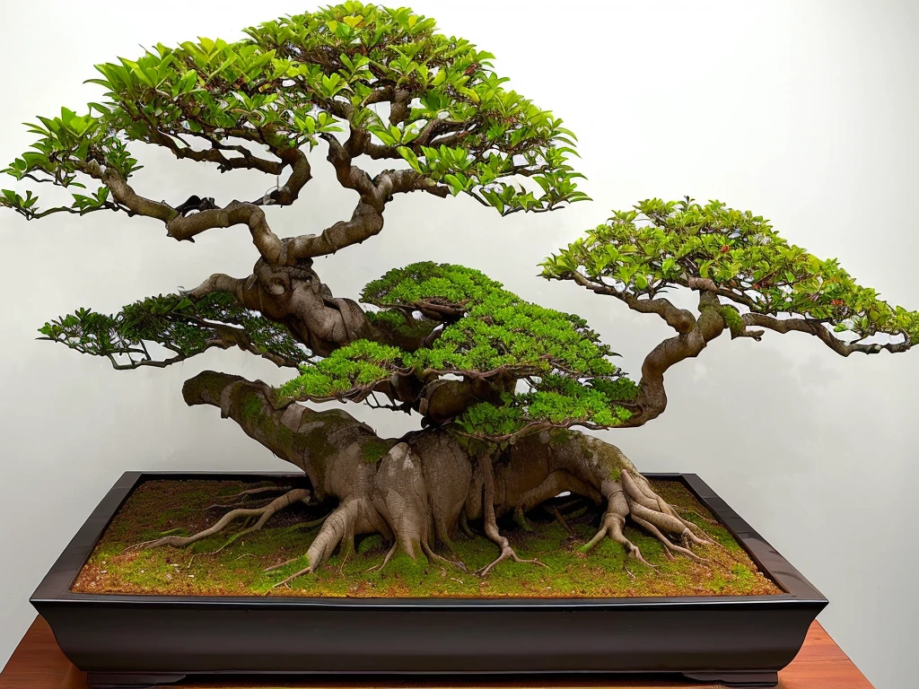 there is a bonsai tree in a pot on a table, lush plants and bonsai trees, huge ficus macrophylla, , 2 years oldees, bonsai, bonsai tree, highly ornamental, made of bonsai, rooted lineage, f4.5, exotic trees, bonsai tree house, bonsai tree on roof, twisted trunk, highly intricate