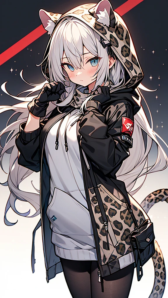 anime style,wearing hood,gray_leopard_ears_hood,
gray_Leopard_print outfit tights paw_gloves,gray long hair,