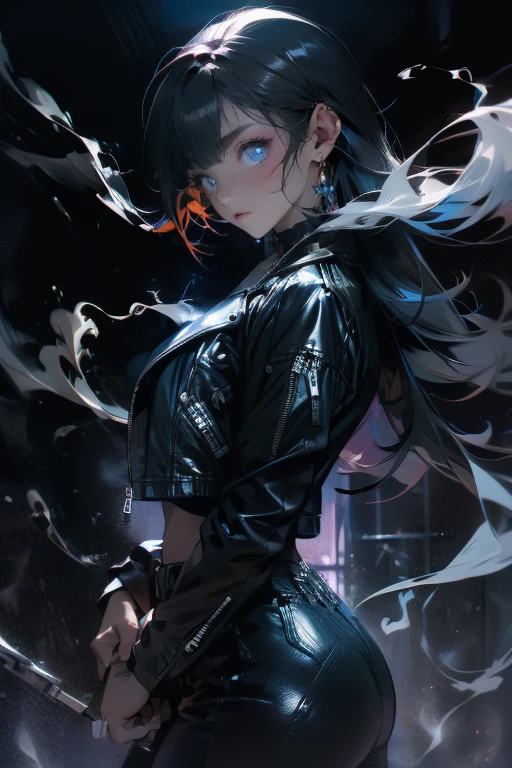 1lady,solo,cool,dark,darkness,neon,leather jacket,upper body,black hair and long hair,have a cigarette,smoke, smoke a cigarette,silhouette