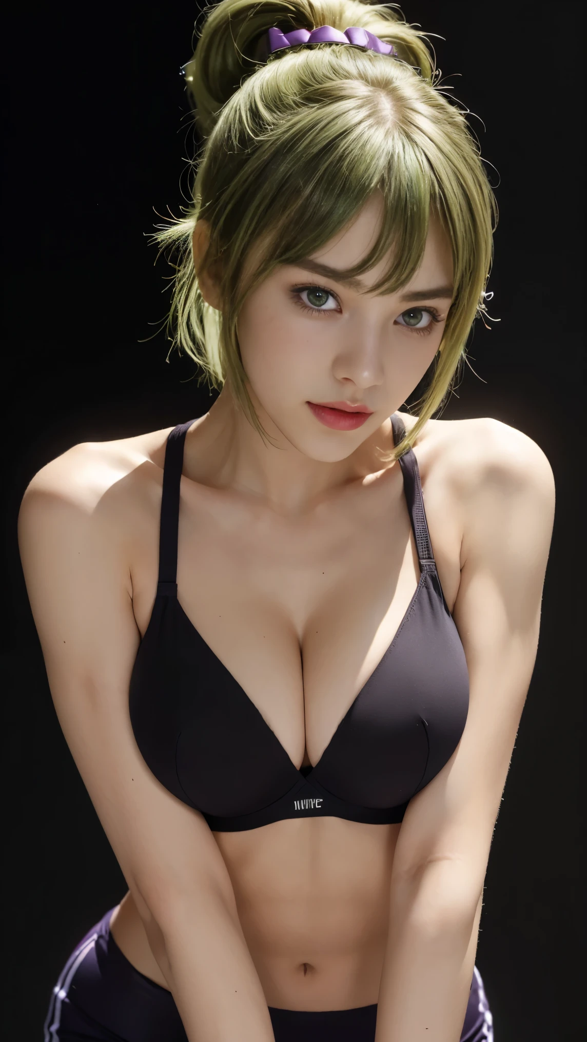 8K, Top Quality, Intricate Details, Ultra Detail, Ultra High Resolution, Masterpiece, close up shot, (full body: 1.1), Slender, Smile, (Makeup: 0.4), (Fluffy purple Eyes: 1.21), (()), 1girl, solo, 1 girl, ((green hair, bangs, high ponytail)), close up shot, , ((tall)), (((fit body))), (((slim face))), sharp face, (()) ,(detailed face), sharp face, small lips, ,
((,sport bra, hot pants )), , ((,)),detailed face, detailed breast, , ((large breast, huge breast )), , Narrow Waist, Skinny, tall , 175 cm tall, Muscular, Navel, Exposed Abdomen, Pointed Chest,, Beautiful girl with accentuated slender abs: 1.4, Six Pack Abs: 1.4, Bust Botox, Big, Perfect Body, detail leg, (( dark background)), black background,