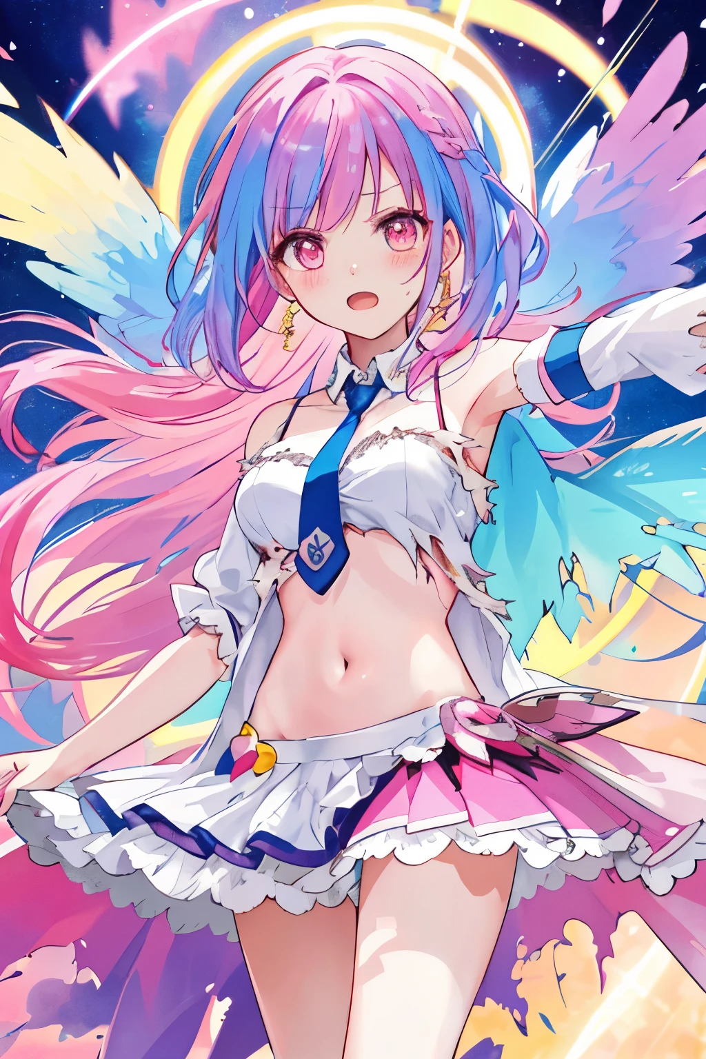 official art, high quality, multiple girls:1.5, 3 sexy magical girl ,magical dress, idol dress, battle dress, precure style dress, colorful pallete dress, 25 age old, breast focus , (badly torn clothes:1.3),(completely torn clothes:1.3), necktie, full face blush, dynamic pose:1.5,screaming, surprised, Bare navel, Bare shoulder, Full breasts, {{{large breasts}}},open clothes, torn panty, scorn , pink hair, blue hair, yellow hair, hold magical cepter:1.5, spotlight