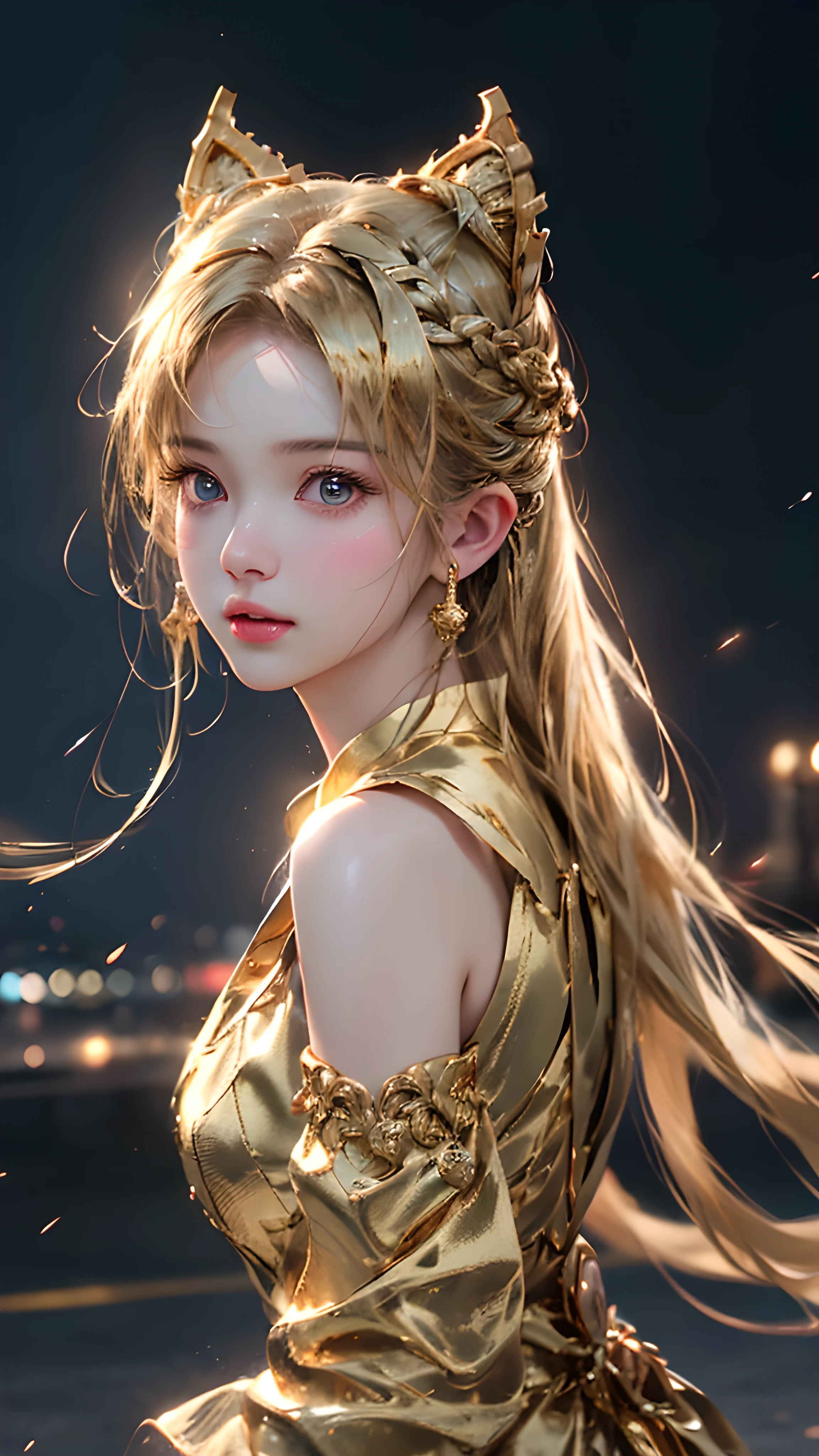 (Masseter film:1.3)、(8k、Photorealistic、Original Photography、Top quality: 1.4)、(1 girl)、Beautiful face、(Cute face)、(Golden、Double tail:1.3)、Beautiful hairstyle、Realistic eyes、Beautiful details、(Real skin)、Beautiful Skin、(Ren Hao)、absurd、Tempting、Ultra-high resolution、Surrealism、High Detail、Golden Ratio