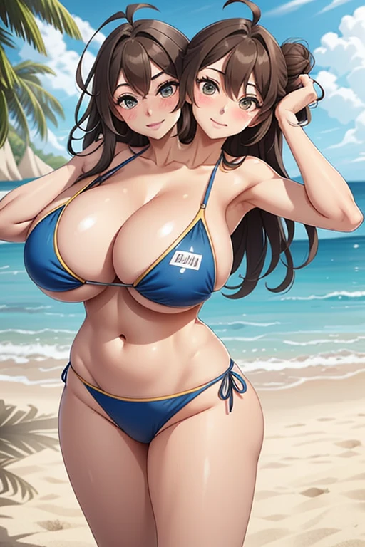 2 heads, a tall skinny woman with 2 heads. Outside at the beach. Wearing swimsuit. Deep cleavage. Enormous round fake breasts. Big messy brown hair in a bun. Young ager. Cute thin face. Blushing. Aroused. Gigantic fake breasts. Gripping breast. Slutty. Wife. Mother. Wide hips. In love. Blushing. Aheago expression, aroused. Smiling.