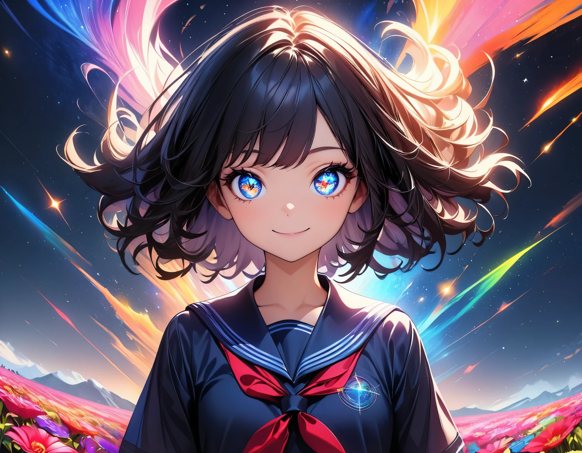 (highest quality:1.2, Very detailed, up to date, Vibrant, Ultra-high resolution, High Contrast, masterpiece:1.2, highest quality, Best aesthetics), (((1 girl))), Beautiful school girl, Sailor suit, smile, Detailed eyes, Long eyelashes, A rich expression, Surreal design, Mysterious Universe, A vibrant geometric starry sky background, ((A floating pose:1.4, Random Pause)), Spectrum, Fantasy art, Digital Paint, ((Space)), A flower field with a fantastic celestial body, Seven-color light source, Beautiful landscape of light, Dark color palette, Colorful starry sky, Energy Rush, Thoughts on a distant and fleeting galaxy.