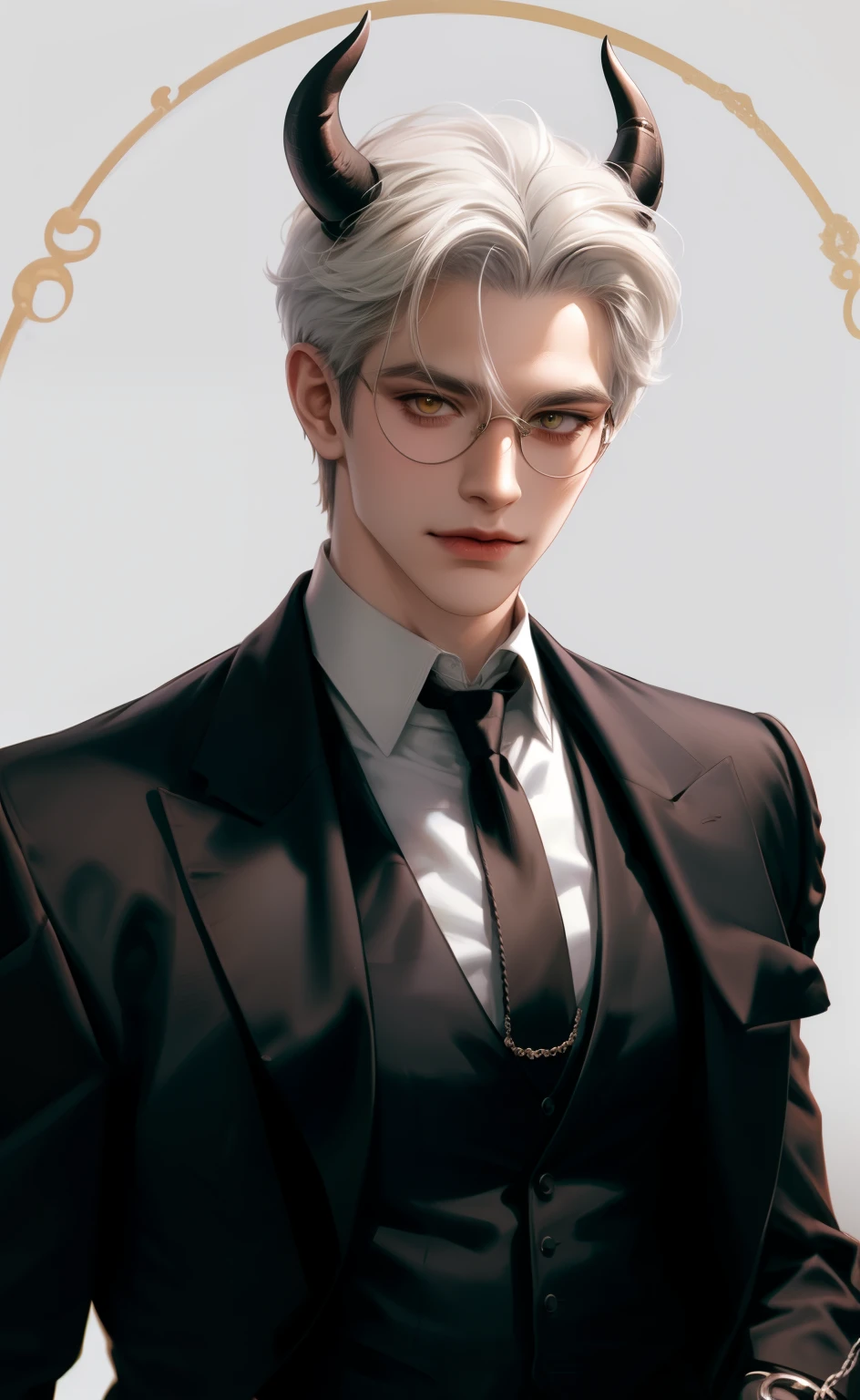 (masterpiece,best quality,ultra_detailed,highres,absurdres),1 mature male, 30-ish, (wide shoulder), (muscular), male focus, solo, white hair, chain, shirt, black necktie, necktie, hell background, yellow eyes, upper body, vest, short hair, looking at viewer, smile face, parted lips, collared shirt, round eyewear, long sleeves, hand on own shoulder, white shirt, brown background, black vest, monocle, jewelry. man with horns on his head, fit male demon with white horns, oni horns, demon, albino demon