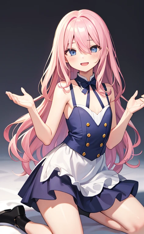 (masterpiece:1.4、top-quality、illustration:,realistic、)、(character focus、,upper body:1.3)、(1girl),(Open mouth happy smile:1.3),(),cute face,blue eyes、(tareme:1.3)、
,(kneeling:1.4),(pink blonde hair),
,(slender),(loose dress:1.3),
(hair over one eye:1.3),(volumey,sidelocks,wavy hair:1.3), (flat chest:1.3)、
、slender、