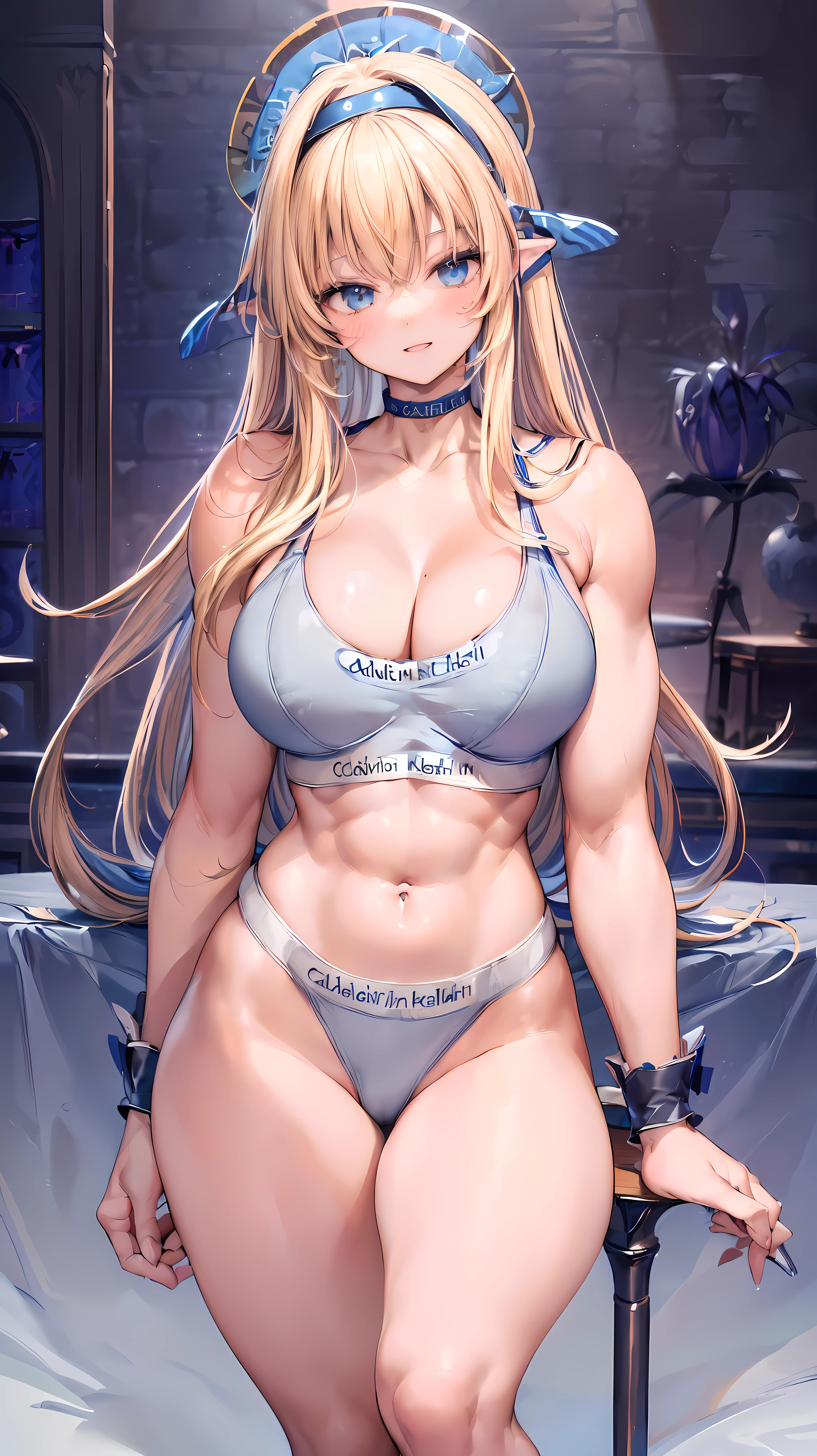 Very detailed、highest quality、Best image quality、masterpiece、8k、Anime Face、(A kind smile:1.1)、(Open your mouth:1.3)、Sparkling blue eyes、(Blonde semi-long hair:1.5)、(Muscles of the whole body:1.3)、(High leg:2.0)、Thigh belt、(Calvin Klein Lingerie:1.7)、(Upper body photo:1.5)、(SFW Giant)、(Thick body:1.3)