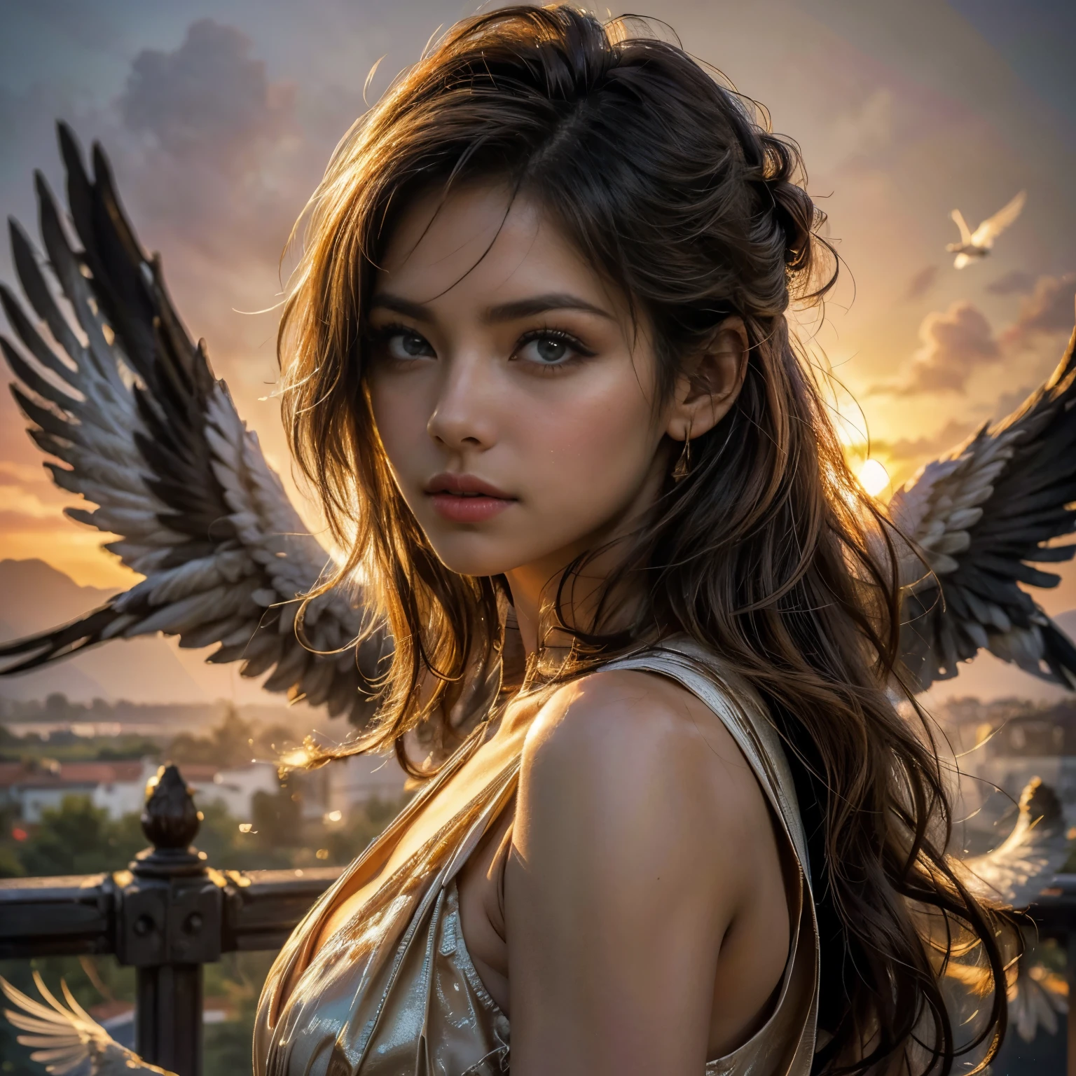 a girl flying in the sky, beautiful detailed eyes, beautiful detailed lips, extremely detailed face, long eyelashes, (best quality, high-res, photo-realistic:1.37), (vibrant colors, vivid colors), (soft lighting, natural lighting), medium: oil painting, dreamy atmosphere, flowing dress, birds flying around, golden sunset, serene expression, joyful motion, lightweight wings