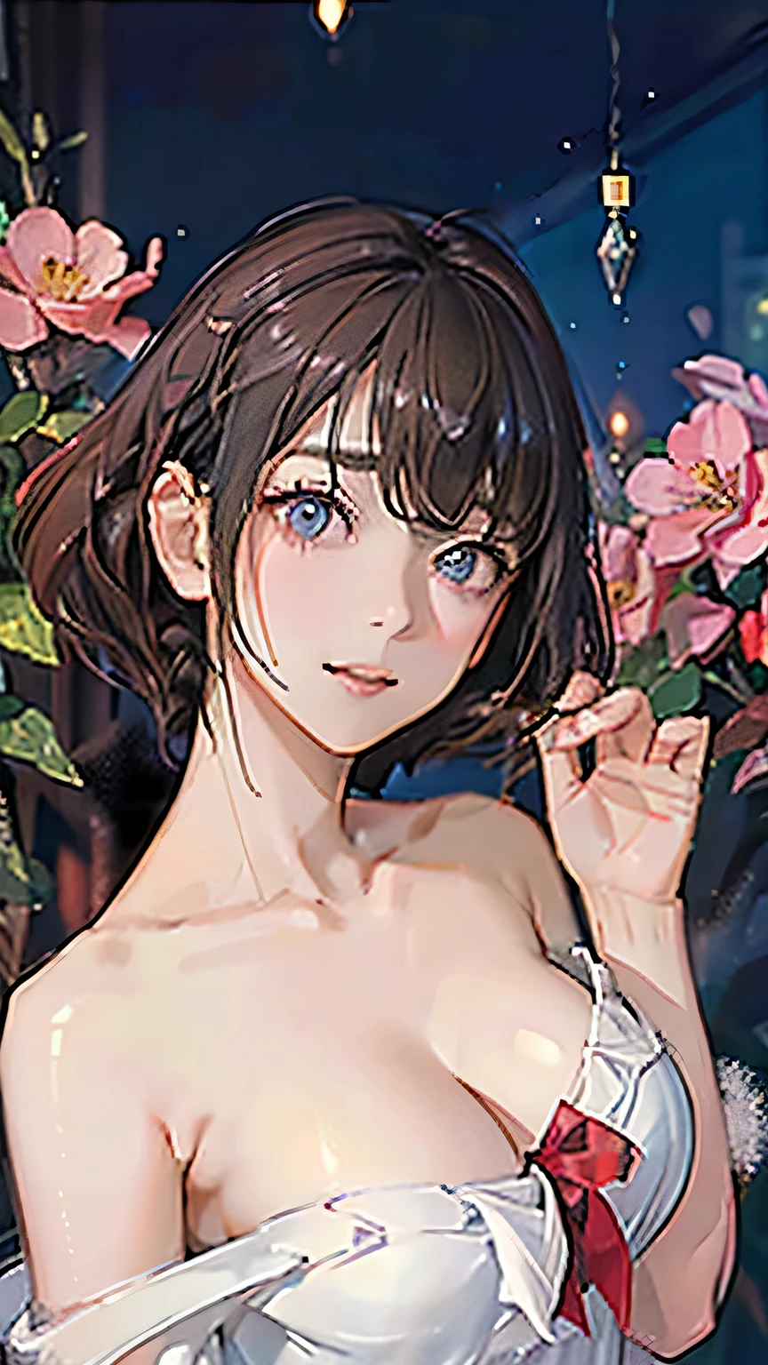 (highest quality, High resolution), Glowing Eyes, Delicate facial features, Vibrant colors, Dreamy atmosphere, Fantasy Theme, Floral Background, Graceful Movement,  Magic lighting, Mysterious Aura, Heavenly Beauty, Magic thread, Whimsical elements,Big Breasts、sexy、Nothing to wear、Do not wear clothing、naked、naked body、naked ape、All naked、nude