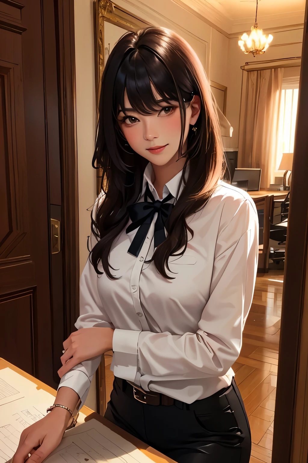 masterpiece, best quality, very detailed, illustration, epic lighting, cinematic composition, Isometric, 1 woman, alone, cute, brown eyes, black hair, sweeping bangs, single side lock, red hairpin, white collar shirt, black tie, black pants, official, fascinating gaze, seductive pose, inGates, office, Gate, opening Gate, looking at viewer, look out of the upper body, blush, a charming smile, closed mouth,(8K:1.1),