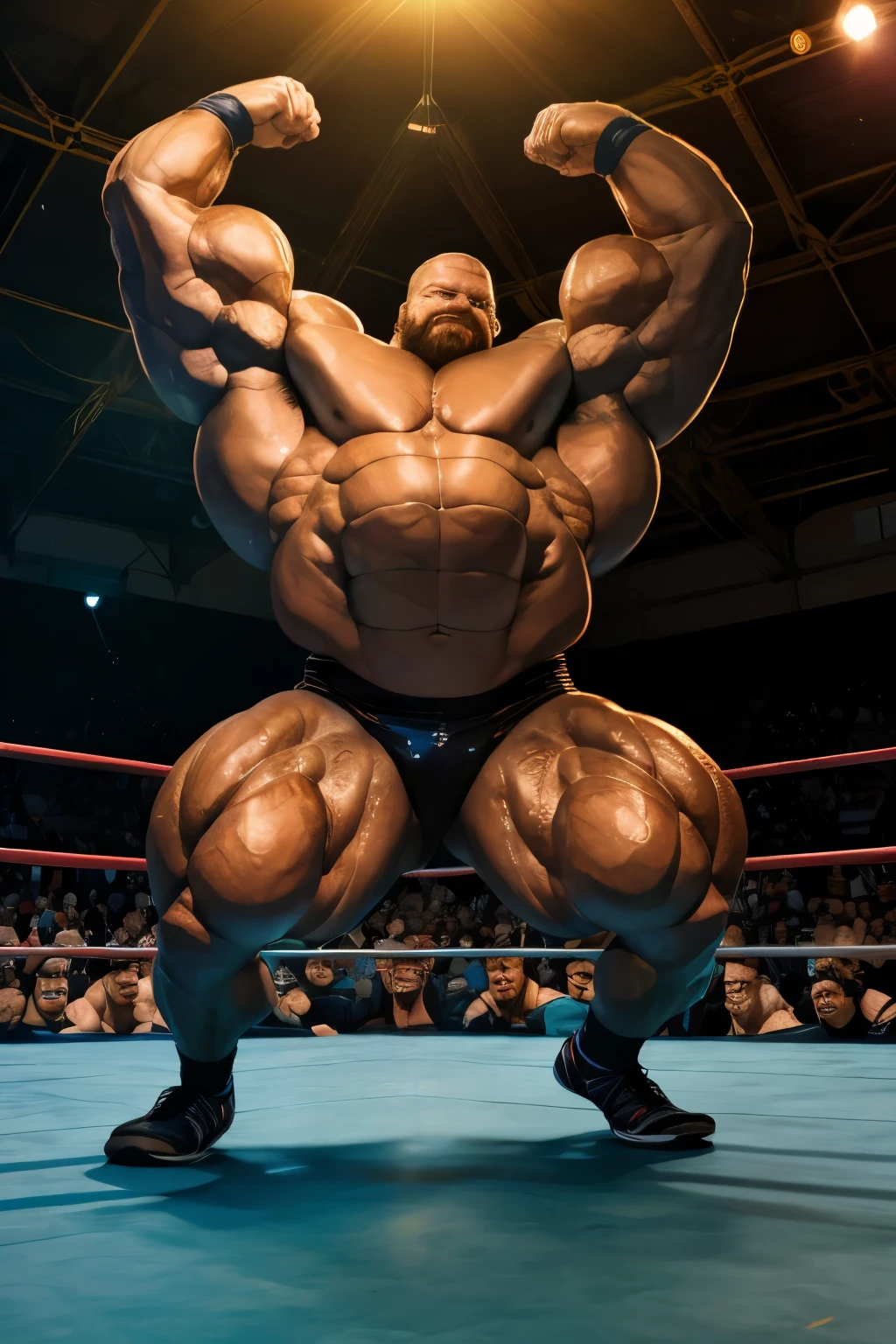 (best quality,4k,8k,highres,masterpiece:1.2),ultra-detailed,(realistic,photorealistic,photo-realistic:1.37),enormous, bodybuilder, wrestling ring, energetic, powerful, intense, fierce, determination, sweat dripping, sensational muscles, bulging biceps, sculpted physique, athletic, muscular frame, flexible movements, focused gaze, triumphant expression, anticipation, adrenaline rush, dramatic atmosphere, vibrant colors, dynamic lighting, dynamic action, fast-paced, dynamic perspective