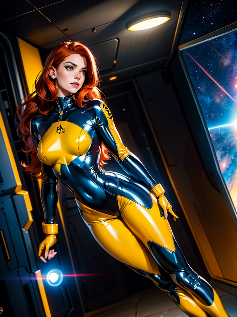 Best quality, 4K, american comics art style, vintage space beautiful woman,long red hair,looking to observer,little smile,yellow and dark blue tight latex suit under shine black hi-tech armor,defensive position,dynamic angle, spaceship corridor scenario, dramatic lights 