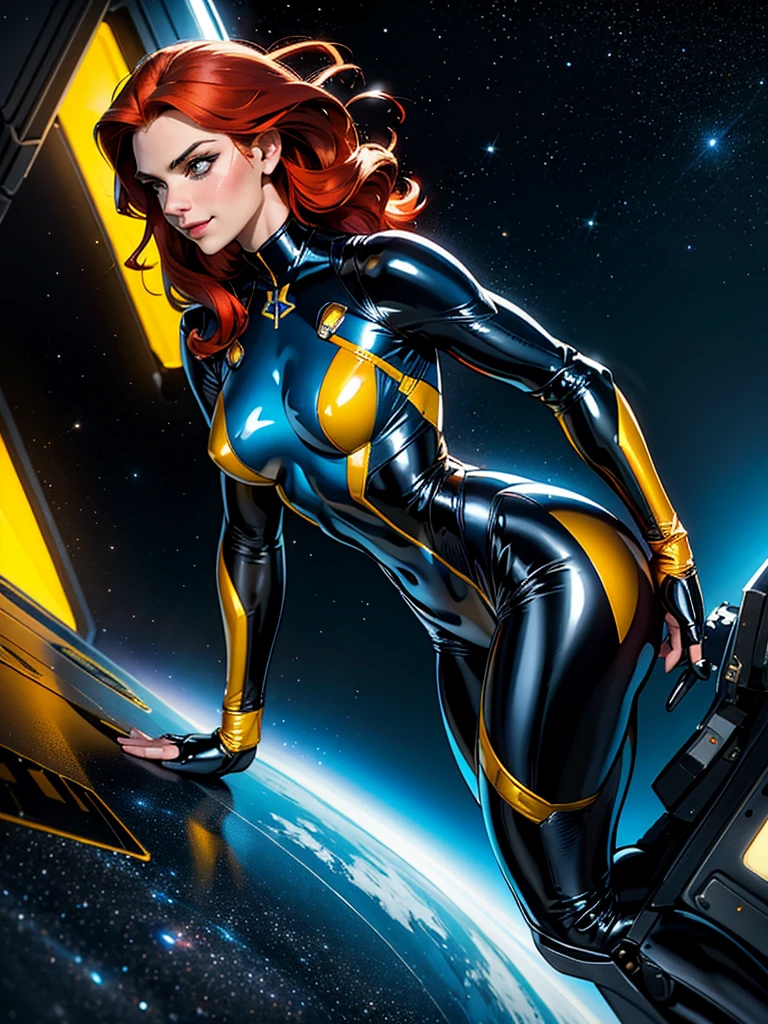 Best quality, 4K, american comics art style, vintage space beautiful woman,long red hair,looking to observer,little smile,yellow and dark blue tight latex suit under shine black hi-tech armor,defensive position,dynamic angle, spaceship corridor scenario, dramatic lights 