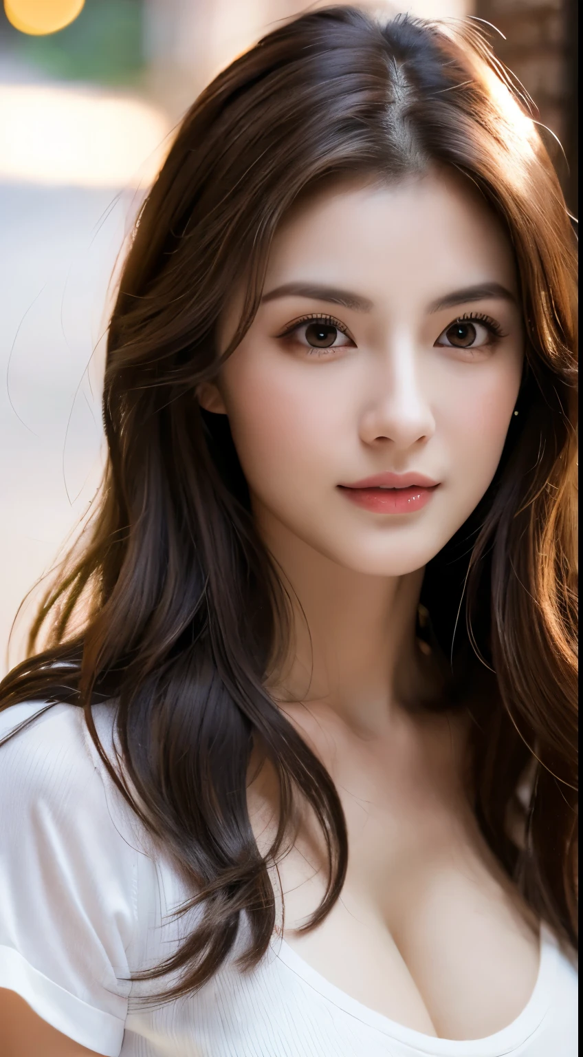 （highest quality，High resolution，masterpiece：1.3），Tall and beautiful woman，frontage，Loosely wavy dark brown hair，Big Breasts，V-neck white shirt，Dark Alley，Beautifully expresses the fine details of the face and skin texture，Attractive eyes，double eyelid