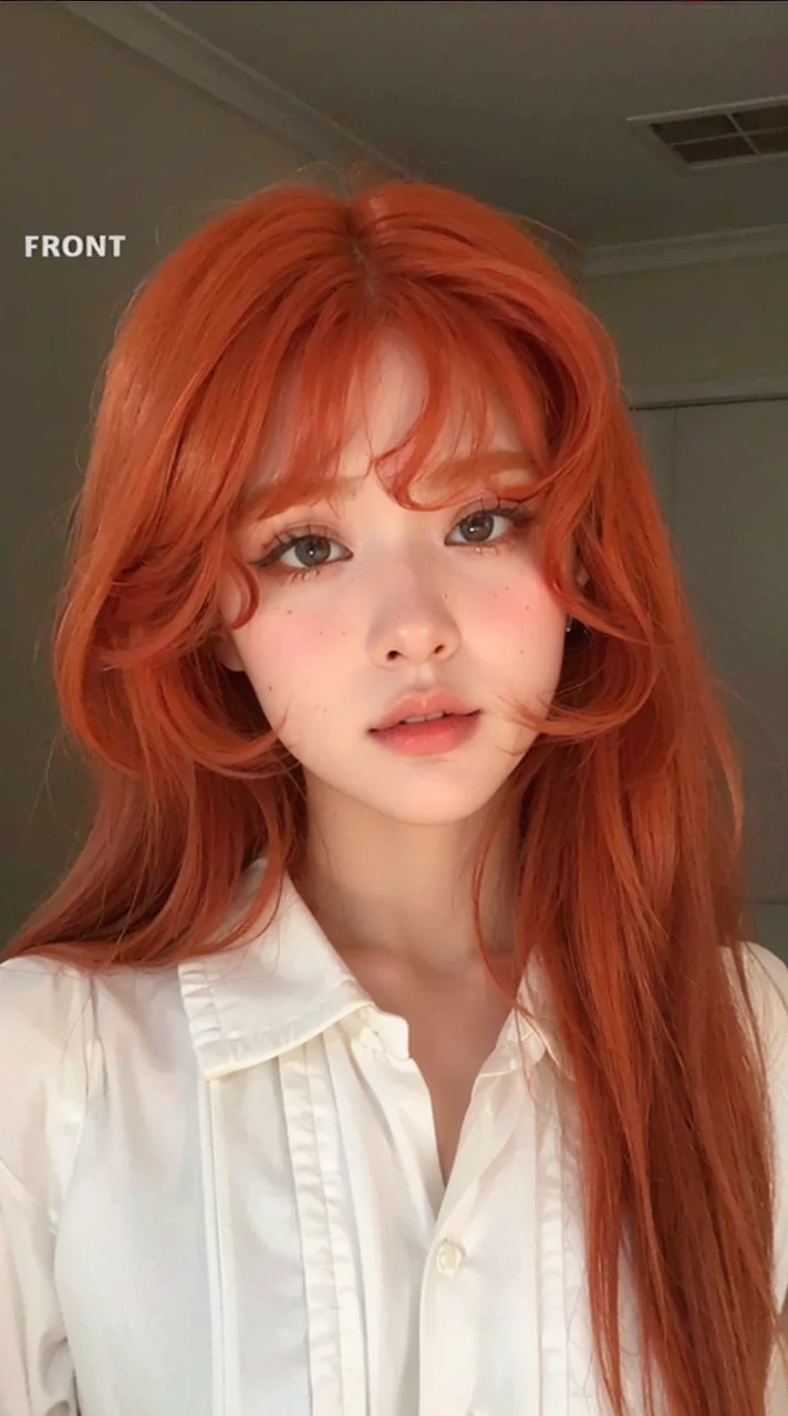 un primer plano de una mujer con cabello rojo y una camisa blanca, ella tiene el pelo largo color naranja, better known as amoranto, cabello pelirrojo suelto, young beautiful amoranto, peluca roja, katherine mcnamara inspirada, She has long orange-brown hair., amoranto, con pelo rojo rizado, pelo naranja largo y ondulado, cabello rizado color cobre