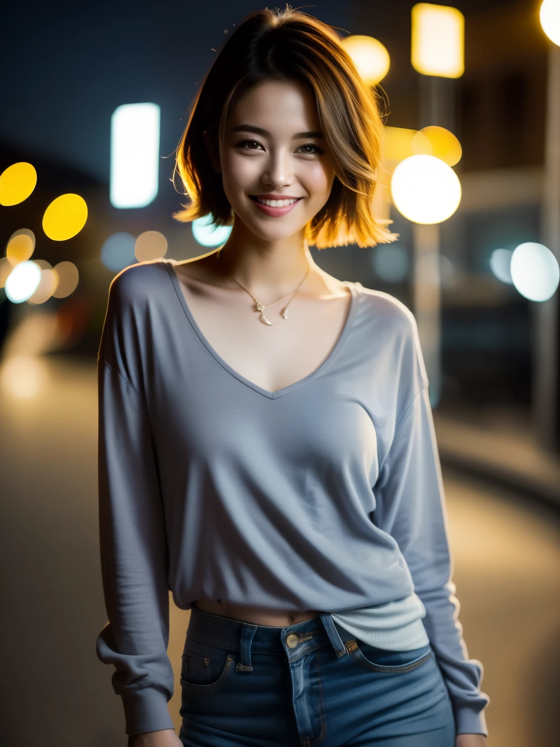 Night view, Pictures of sexy girls, bust, short hair, jeans, Pause, Smiling while looking at the camera, Cute young face, 18-year-old, Soft volume light, (Backlight: 1.3), (Movie level: 1.3), Intricate details, (Art Station: 1.2)