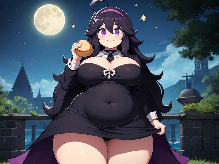  ((masterpiece,best quality)), aahex, hex maniac \(pokemon\), smile, force feeding, long hair, ahoge, purple hairband, purple eyes, @_@, large breasts, long dress, black dress, dress ripping, long sleeves, right hand eating, hands grabbing muffintop, outdoors, full moon, chubby Belly, chubby, wide thighs, bbw