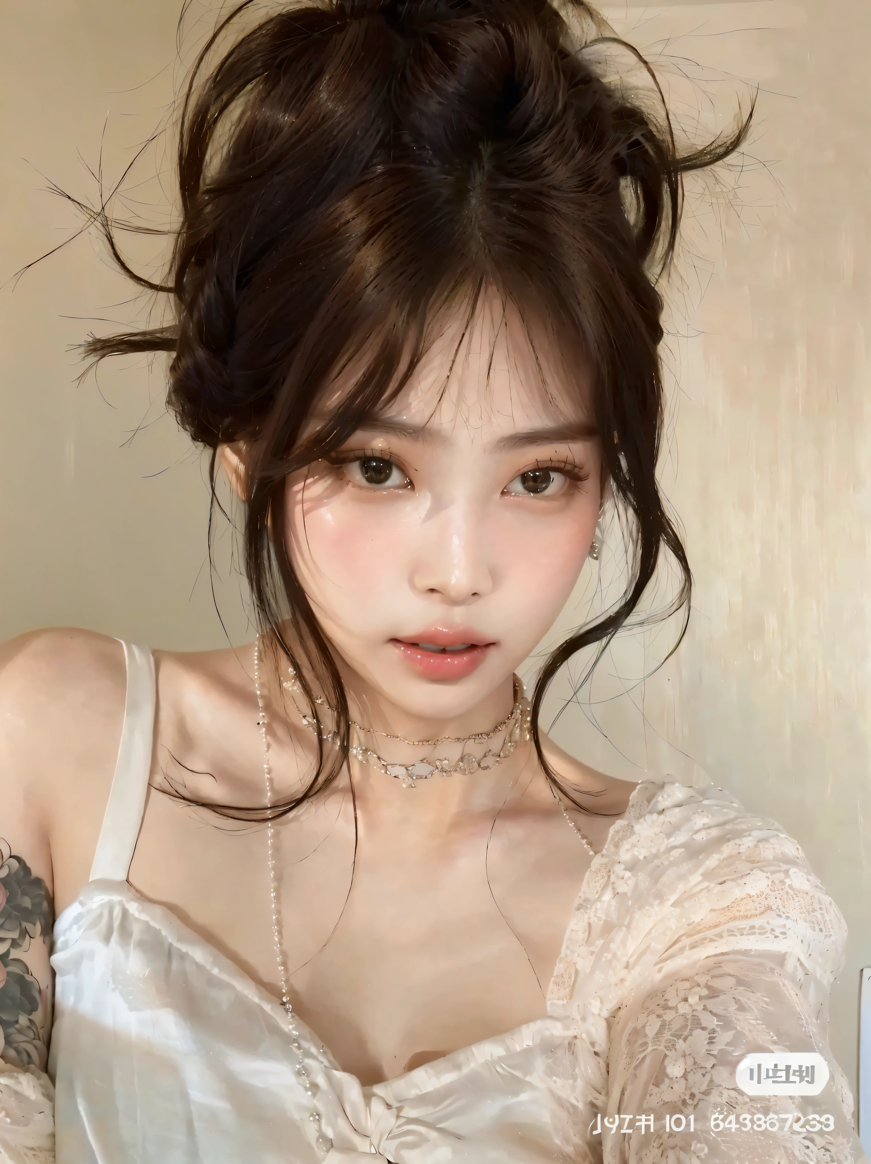 a close-up of a woman with a tattoo on her arm, Ulzzang, maquiagem sul-coreana popular, linda mulher sul-coreana, sakimichan, maquiagem coreana popular, 🤤 retrato de ,  coreana, franja repartida ao centro, pale porcelain white skin, neat hair com franja, franja fofa, com franja, brown hair com franja, linda jovem coreana
