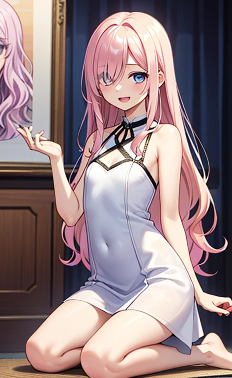(masterpiece:1.4、top-quality、illustration:,realistic、)、(character focus、,upper body:1.3)、(1girl),(Open mouth happy smile:1.3),(),cute face,blue eyes、(tareme:1.3)、
,(kneeling:1.4),(pink blonde hair),
,(slender),(loose dress:1.3),
(hair over one eye:1.3),(volumey,sidelocks,wavy hair:1.3), (small breasts:1.3)、
、slender、