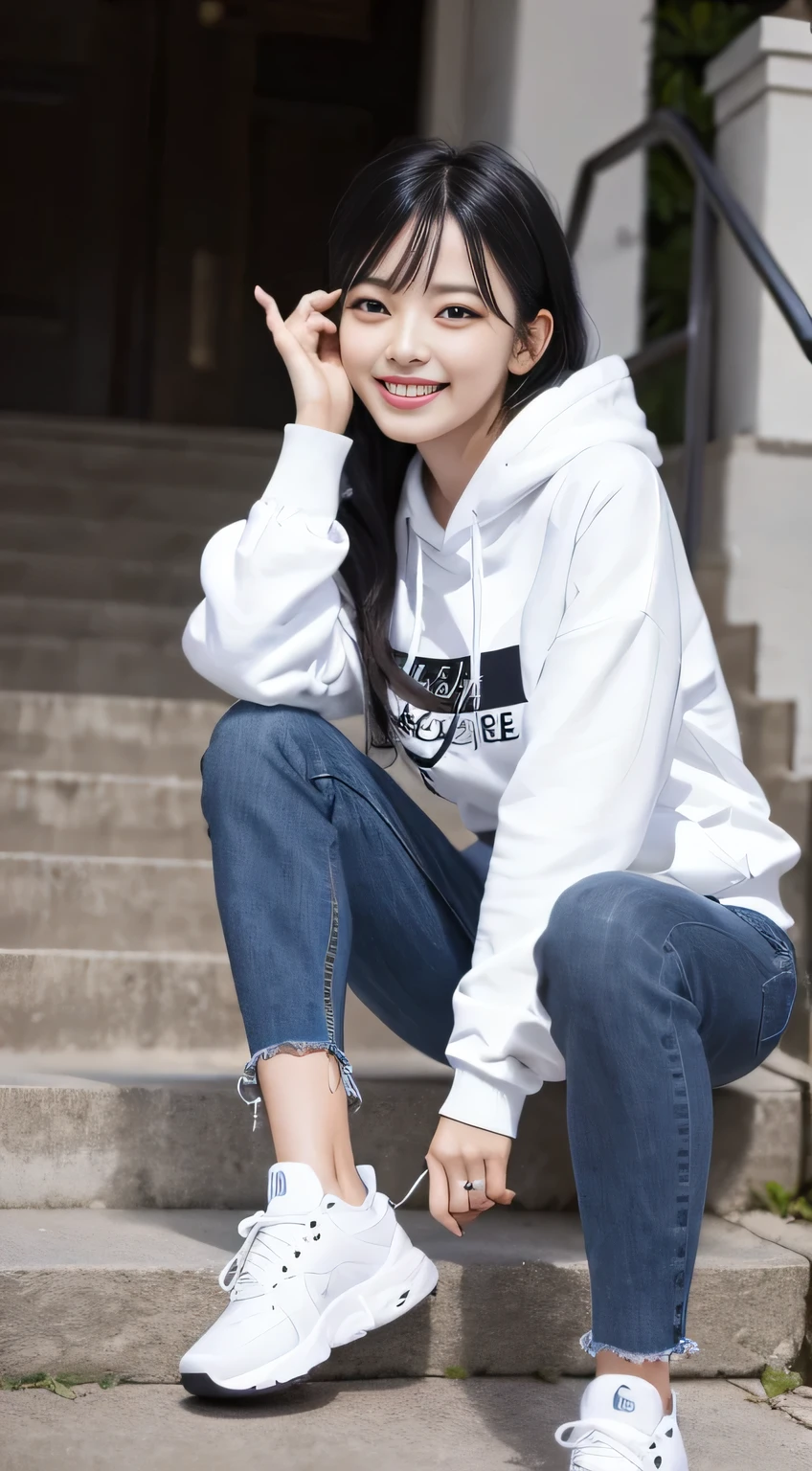 highest quality, Realistic, Very detailed, Finer details, High resolution, 8k wallpaper, One beautiful woman,Sit on the stairs、(Wear black socks)smile、(Beautiful teeth alignment、)(Gums are visible) Oversized hoodie, Skinny jeans,( Black sneakers)、Black Hair、 Beautiful Bangs、ear piercing、Perfect dynamic composition, Beautiful and detailed, Full Body Shot, A big smile