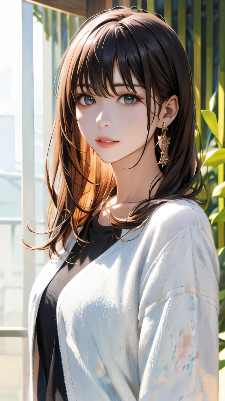 (hig彼st quality、8k、32k、masterpiece)、(Realistic)、(Realistic:1.2)、(High resolution)、Very detailed、Very beautiful face and eyes、1 girl、Delicate body、Bob Hair, (hig彼st quality、Attention to detail、Rich skin detail)、(hig彼st quality、8k、Oil paint:1.2)、Very detailed、(Realistic、Realistic:1.37)、Bright colors、Full Body Shot, (Casual Fashion)