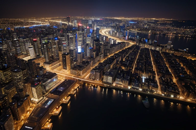 High resolution、8k、Night view of the big city、Shooting from the sky、