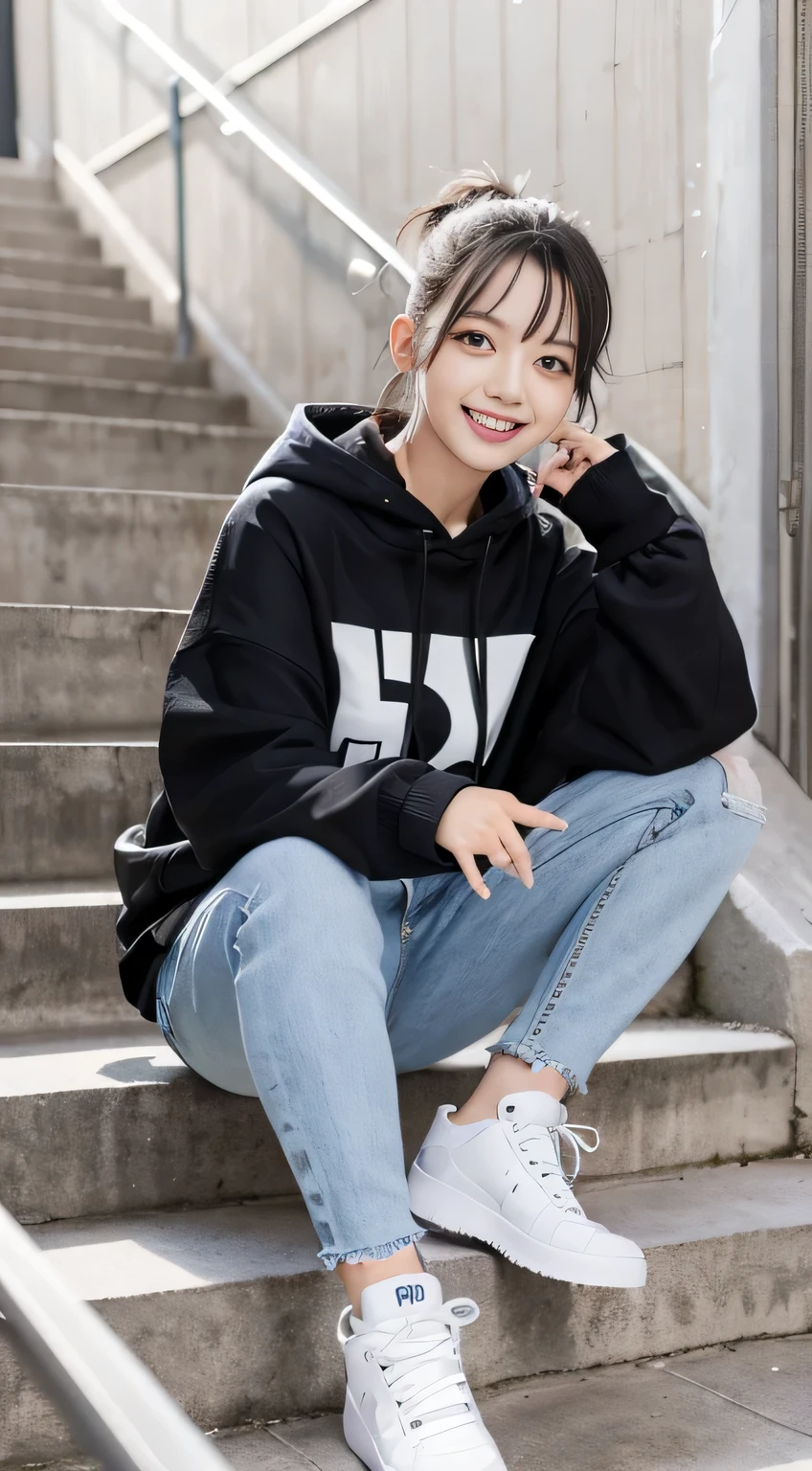 highest quality, Realistic, Very detailed, Finer details, High resolution, 8k wallpaper, One beautiful woman,Sit on the stairs、（Wear black socks）smile、（Beautiful teeth alignment、）（Gums are visible） Oversized hoodie, Skinny jeans,（ Black sneakers）、Black Hair、 Beautiful Bangs、ear piercing、Perfect dynamic composition, Beautiful and detailed, Full Body Shot, A big smile

