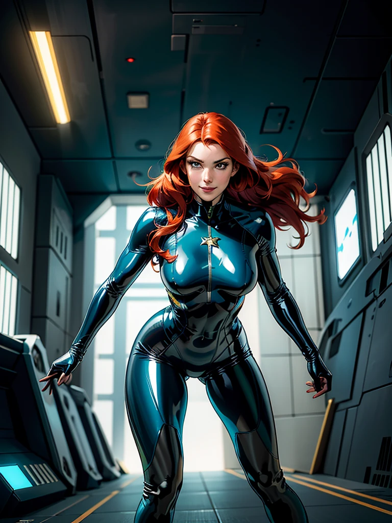 Best quality, 4K, american comics art style, vintage space beautiful woman,long red hair,looking to observer,little smile,green and dark blue tight latex suit under shine black hi-tech armor,defensive position,dynamic angle, spaceship corridor scenario, dramatic lights 