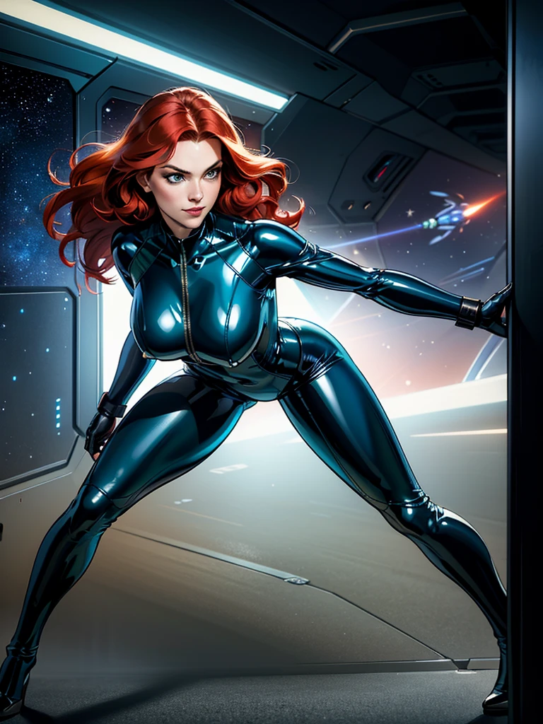 Best quality, 4K, american comics art style, vintage space beautiful woman,long red hair,looking to observer,little smile,green and dark blue tight latex suit under shine black hi-tech armor,defensive position,dynamic angle, spaceship corridor scenario, dramatic lights 