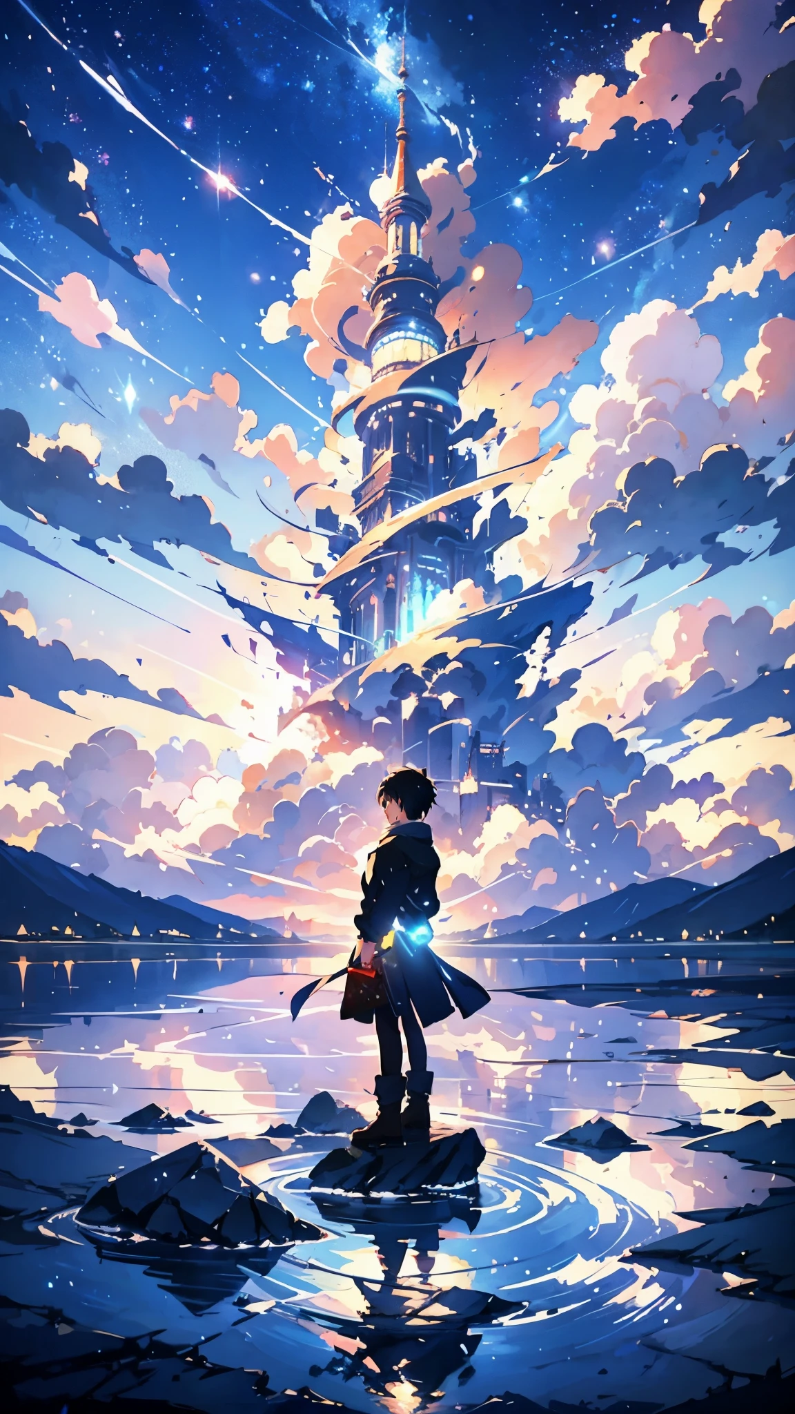 anime - style painting of a woman standing on a rock in a lake, anime beautiful peace scene, beautiful anime scene, beautiful anime scenery, makoto shinkai cyril rolando, makoto shinkai. digital render, in style of makoto shinkai, makoto shinkai art style, inspired by Makoto Shinkai, anime landscape, anime nature, starry sky, night sky,