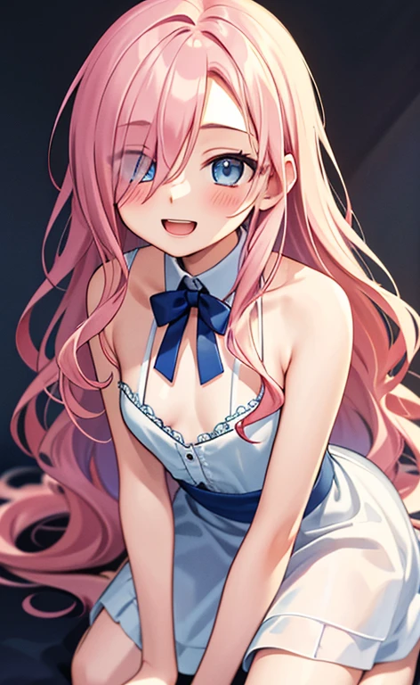 (masterpiece:1.4、top-quality、illustration:,realistic、)、(character focus、,upper body:1.3)、(1girl),(Open mouth happy smile:1.3),(),cute face,blue eyes、(tareme:1.3)、
,(kneeling:1.4),(pink blonde　hair),
,(slender),（loose dress:1.3),
(hair over one eye:1.3),(volumey,sidelocks,wavy hair:1.3), (small breasts:1.3)、
、slender、