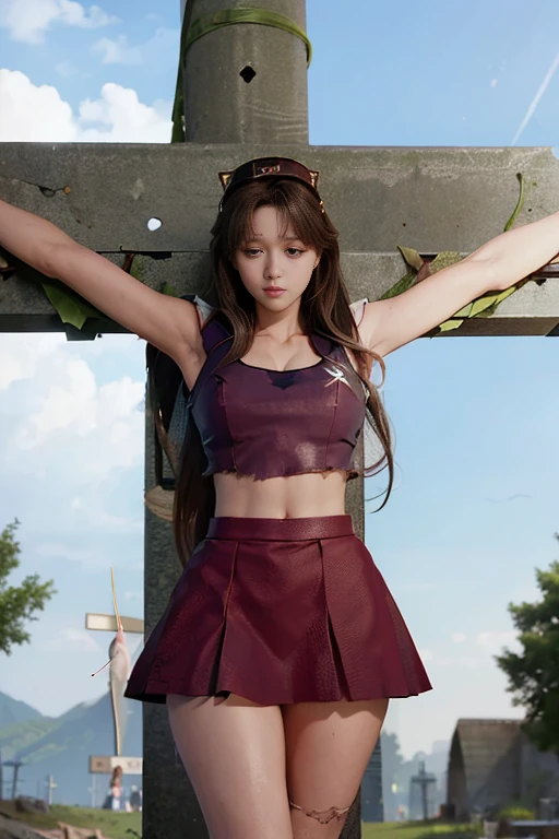 highest quality,masterpiece,Ultra-high resolution, Very detailed, 8k,(Beautiful woman),一人のBeautiful woman,((Crucifixion:1.5)),((cross)),(execution),((incontinence)),Scared,torture,slave,((crossにCrucifixionにされた女性:1.5)),Crucifixion刑,(Sailor Moon),tattered short skirt,((Torn costume:1.4)),(Tattered clothes),((big breasts 4),(Shabby clothes),Defeated heroine,A ruined world,Remains,ruins