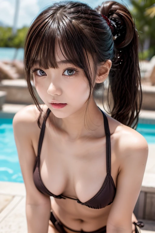 woman,１2 years old,Brown Hair,Micro bikini and shorts,Beautiful ponytail,,Bring your bangs together,Wet condition,