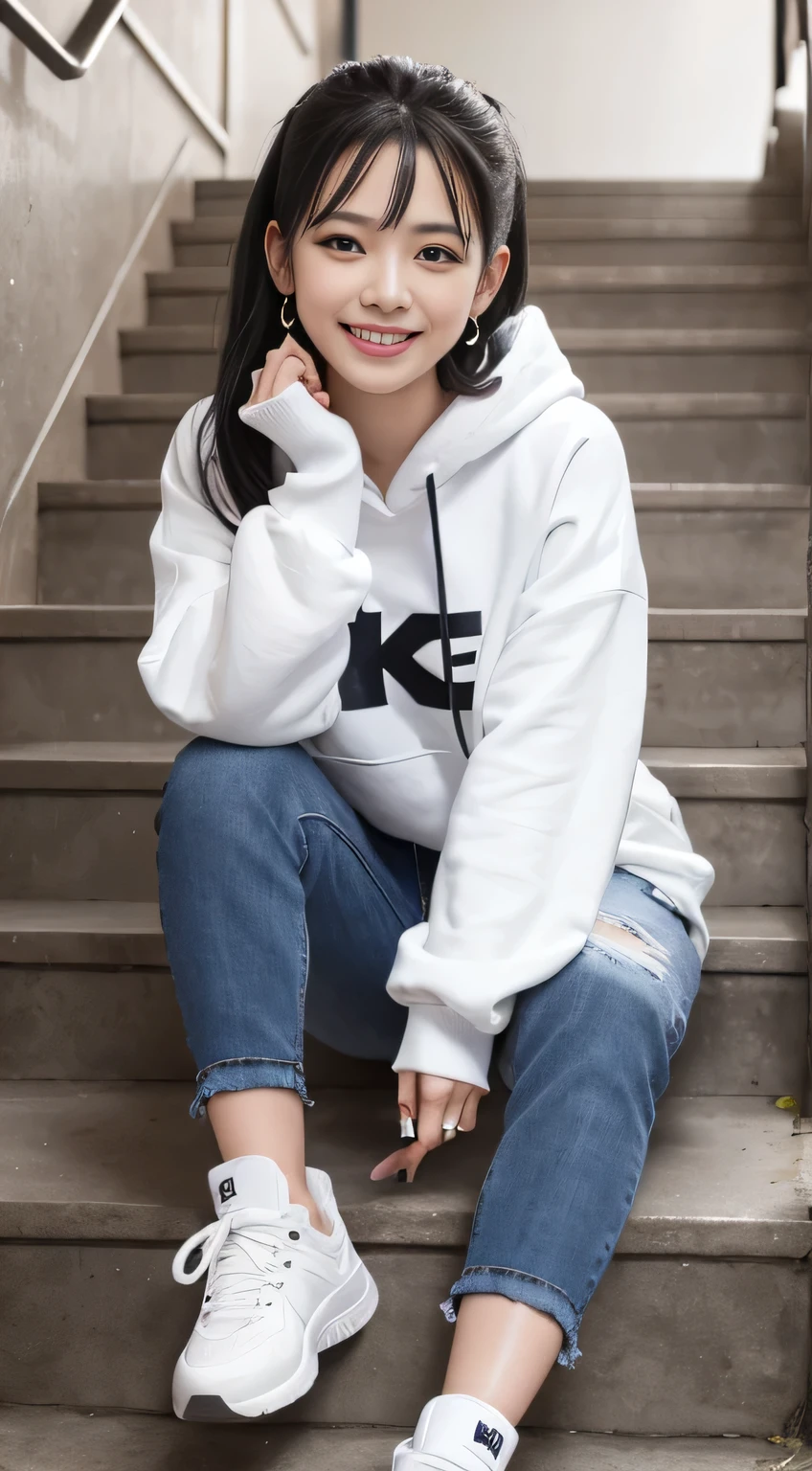 highest quality, Realistic, Very detailed, Finer details, High resolution, 8k wallpaper, One beautiful woman,Sit on the stairs、(Wear black socks)smile、(Beautiful teeth alignment、)(Gums are visible) Oversized hoodie, Skinny jeans,( Black sneakers)、Black Hair、 Beautiful Bangs、ear piercing、Perfect dynamic composition, Beautiful and detailed, Full Body Shot, A big smile