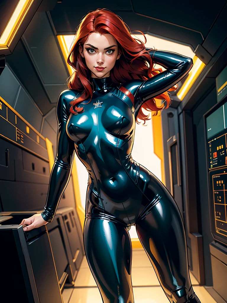 Best quality, 4K, american comics art style, vintage space beautiful woman,long red hair,looking to observer,little smile,green and dark blue tight latex suit under shine black hi-tech armor,dynamic angle, spaceship corridor scenario, dramatic lights