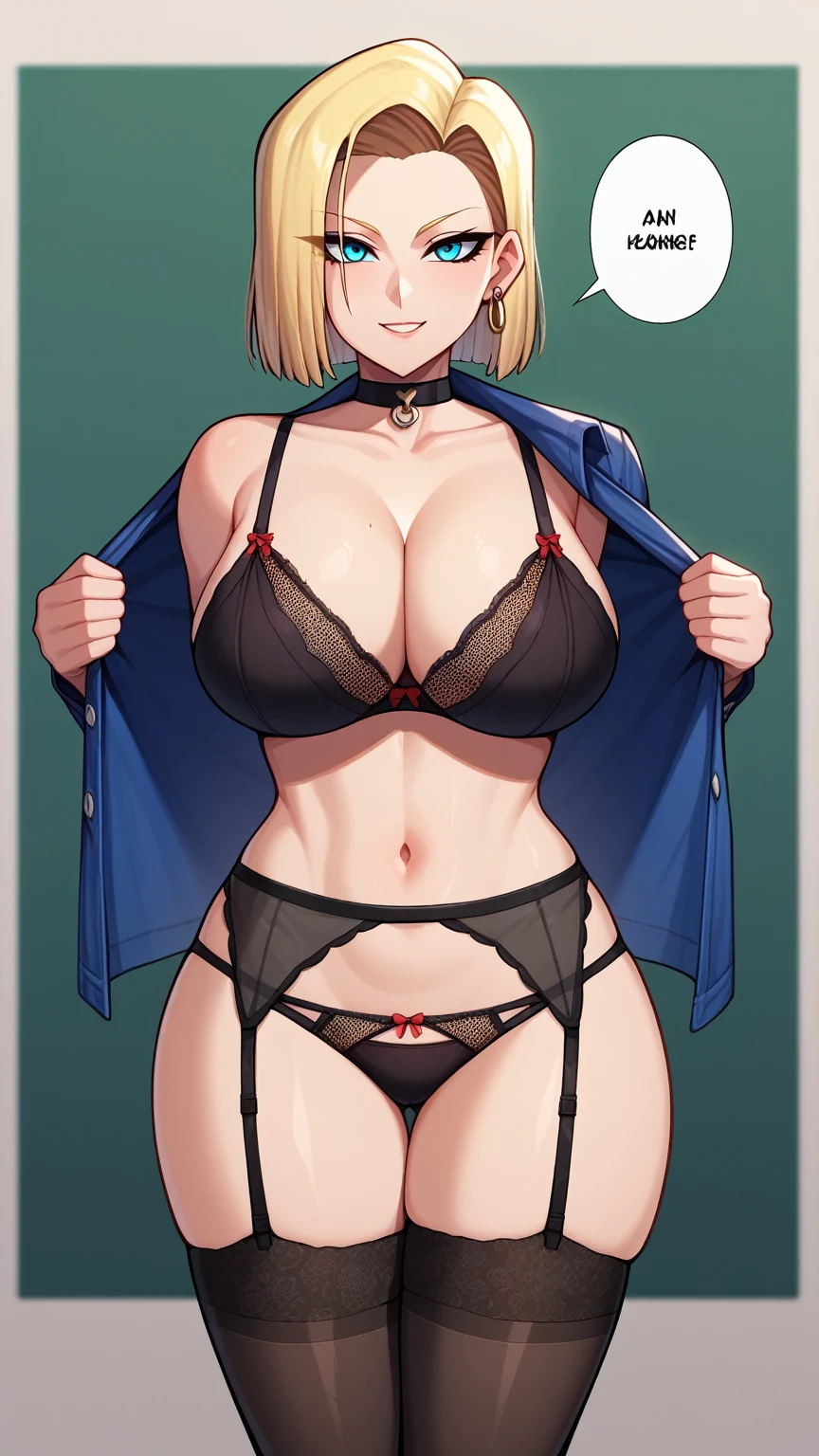 score_9, score_8_up, score_7_up, source_anime, 1girl, android_18, breasts, solo, underwear, blonde_hair, english_text, thighhighs, blue_eyes, lingerie, bra, panties, earrings, jewelry, short_hair, garter_belt, navel, large_breasts, cleavage, thick_thighs, curvy, looking_at_viewer, thighs, choker, red_thighhighs, speech_bubble, wide_hips, mature_female, smile, lace_trim 