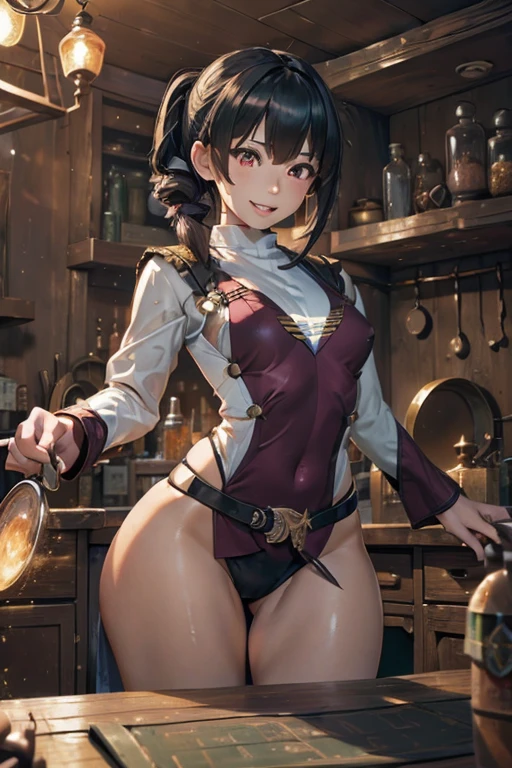 (fantasy:1.5),(anime,8k,masterpiece, top quality, best quality,beautiful and aesthetic:1.2,professional illustrasion:1.1,ultra detail:1.3,perfect lighting),extremely detailed,highest detailed,incredibly absurdres , highres, ultra detailed,intricate:1.6,(Alchemy Workshop:1.4),A girl mixing,Medicine in many small bottles,holding small potion,colorful:1.4,zentangle,(1girl),(girl),(Three kingdoms female warload),(highly detailed beautiful face and eyes,firm breasts),oily skin,((black,hair,short bob with short pony tail hair)),thin pubic hair,cute,lovely,34 years old,alchemist costume,Merchant's Clothing,smile,in the kitchen,smile,seductive weak smiling,(with sparkling eyes and a contagious smile),open mouth, Looking at Viewer,