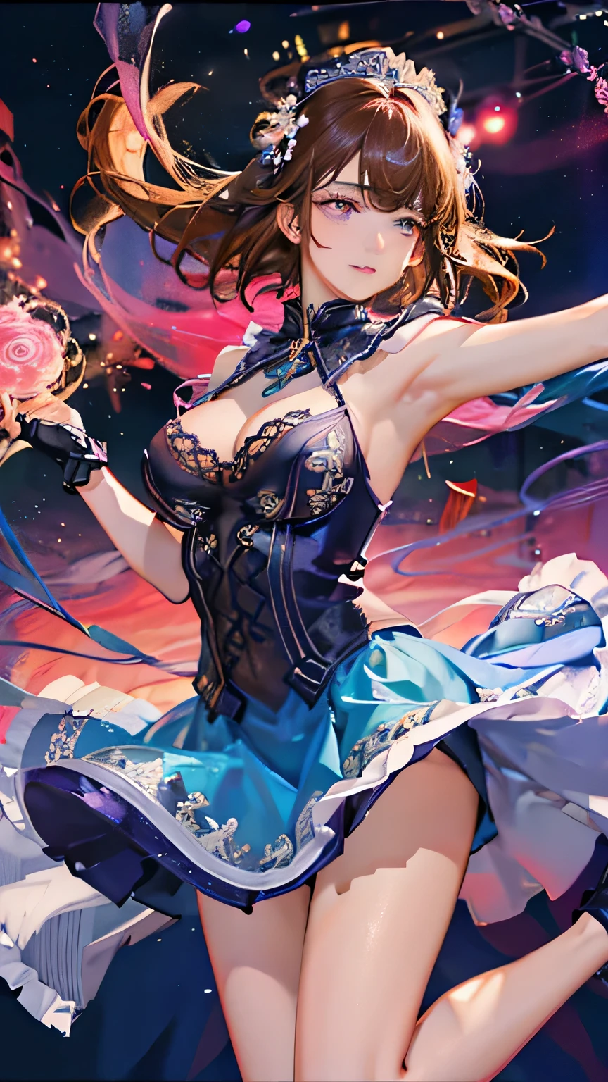 (highest quality, High resolution), Glowing Eyes, Delicate facial features, Vibrant colors, Dreamy atmosphere, Fantasy Theme, Floral Background, Graceful Movement, Magic lighting, Mysterious Aura, Heavenly Beauty, Magic thread, Whimsical elements,Big Breasts、lingerie、sexy