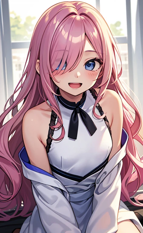 (masterpiece:1.4、top-quality、illustration:,realistic、)、(character focus、,upper body:1.3)、(1girl),(Open mouth happy smile:1.3),(),cute face,blue eyes、(tareme:1.3)、
,(kneeling:1.4),(pink blonde hair),
,(slender),(loose dress:1.3),
(hair over one eye:1.3),(volumey,sidelocks,wavy hair:1.3), (small breasts:1.3)、
、slender、