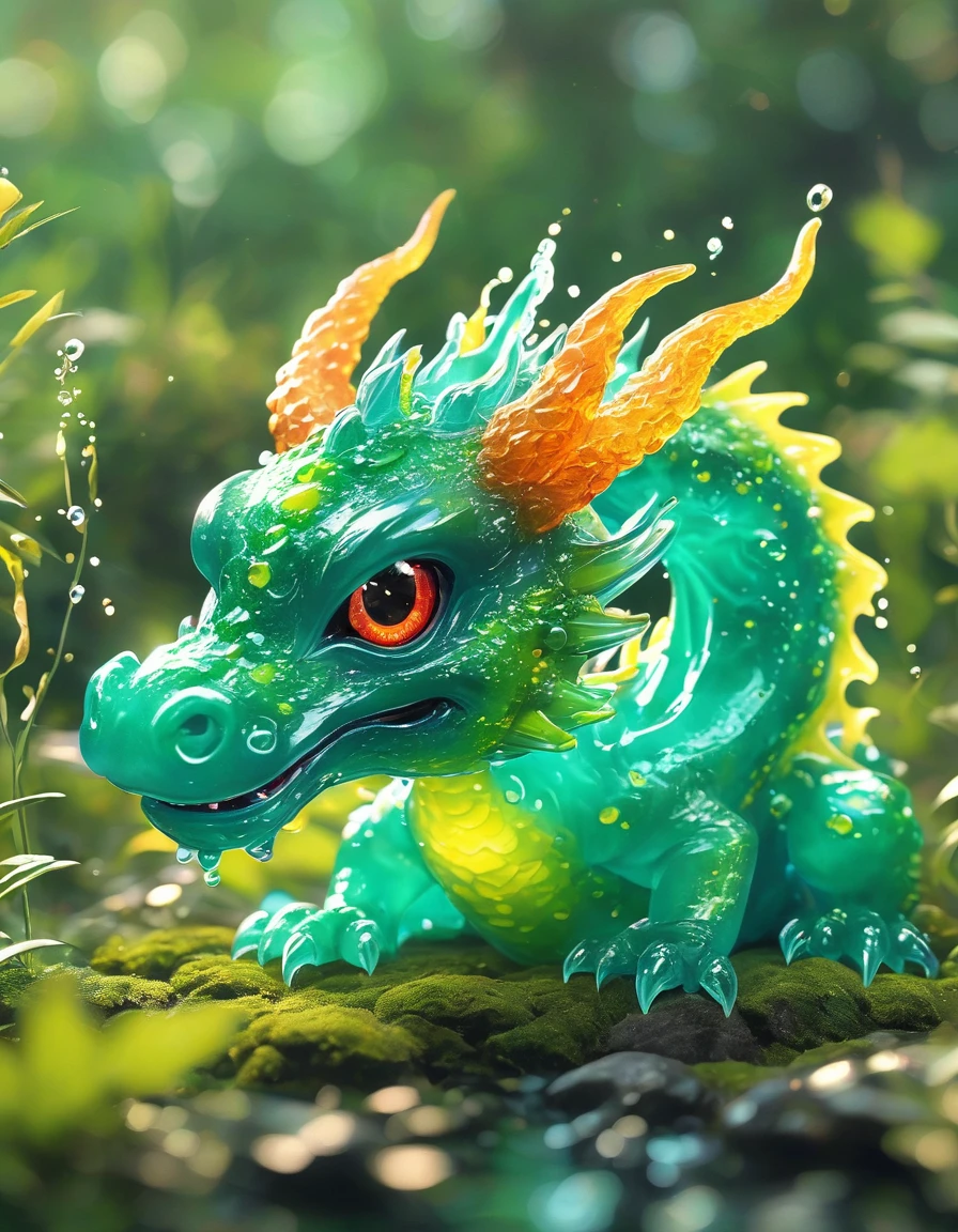 best quality, very good, 16K, ridiculous, Extremely detailed, Cute slime dragon,The horns are made of translucent boiling lava, Background grassland((A masterpiece full of fantasy elements))), ((best quality)), ((Intricate details))(8k)