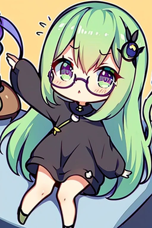 A green haired woman with violet eyes and glasses with an hourglass figure in a cute sweatshirt dress is waking up in a bed
