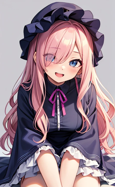 (masterpiece:1.4、top-quality、illustration:,realistic、)、(character focus、,upper body:1.3)、(1girl),(Open mouth happy smile:1.3),(),cute face,blue eyes、(tareme:1.3)、
,(kneeling:1.4),(pink blonde hair),
,(slender),(loose dress:1.3),
(hair over one eye:1.3),(volumey,sidelocks,wavy hair:1.3), (small breasts:1.3)、
、slender、