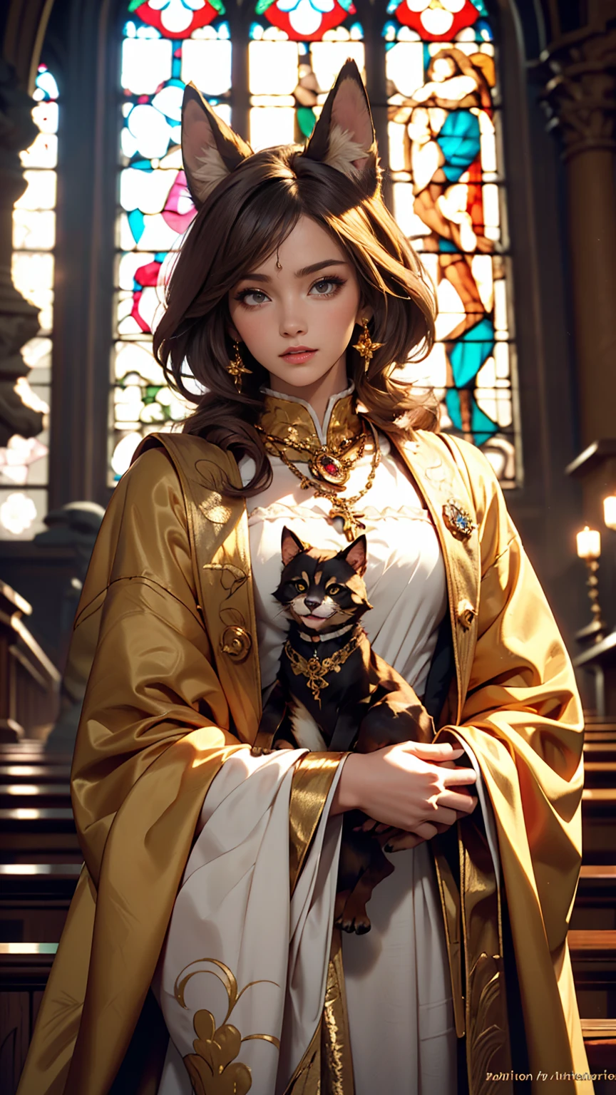 Mona Lisa, pale colour(Fantasy Sisters, Gold decorated robe, Offer a prayer, church)Ultra-fine illustrations(Brightly colored stained glass, Volumetric lighting Backlight Good lighting, Colorful Refraction)Depth of written boundary(Very exquisite beautiful face and eyes)Perfect Anatomy(A boy as cute as an angel)(Hairy Beastman)(Furry body、Facial features of animals、Features of the animal's body)(Animal nose、Very fine fur)Chibi full body