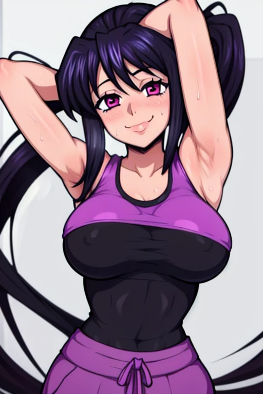 masterpiece, best quality, looking at viewer, upper body, portrait, looking at viewer, seductive smile, put your hands behind your head, armpits, armpits visible, sweaty armpits, akeno himejima, very large breasts, long black hair, wearing purple tanktop,