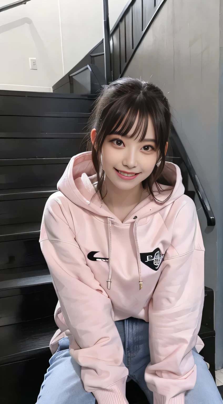 highest quality, Realistic, Very detailed, Finer details, High resolution, 8k wallpaper, One beautiful woman,Sit on the stairs、(Wear black socks)smile、(Beautiful teeth alignment、)(Gums are visible) Oversized hoodie, Skinny jeans,( Black sneakers)、Black Hair、 Beautiful Bangs、ear piercing、Perfect dynamic composition, Beautiful and detailed, Full Body Shot, A big smile wearing colorful socks