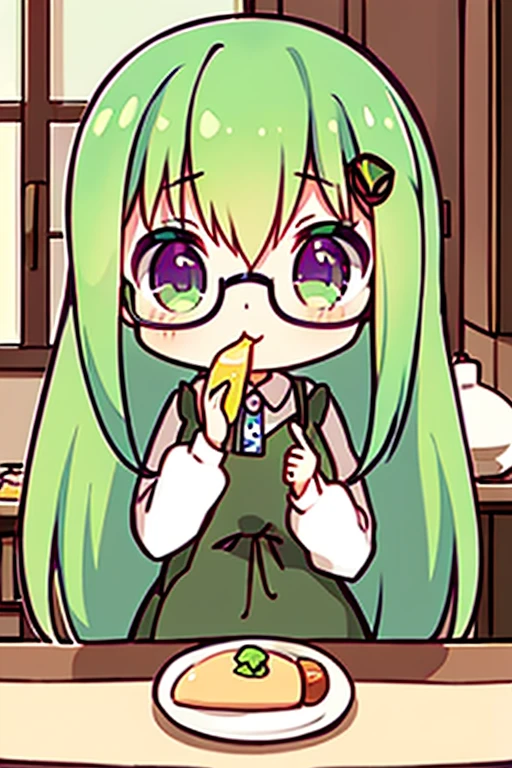A green haired woman with violet eyes and glasses with an hourglass figure in a cute sweatshirt dress is eating breakfast at he kitchen table