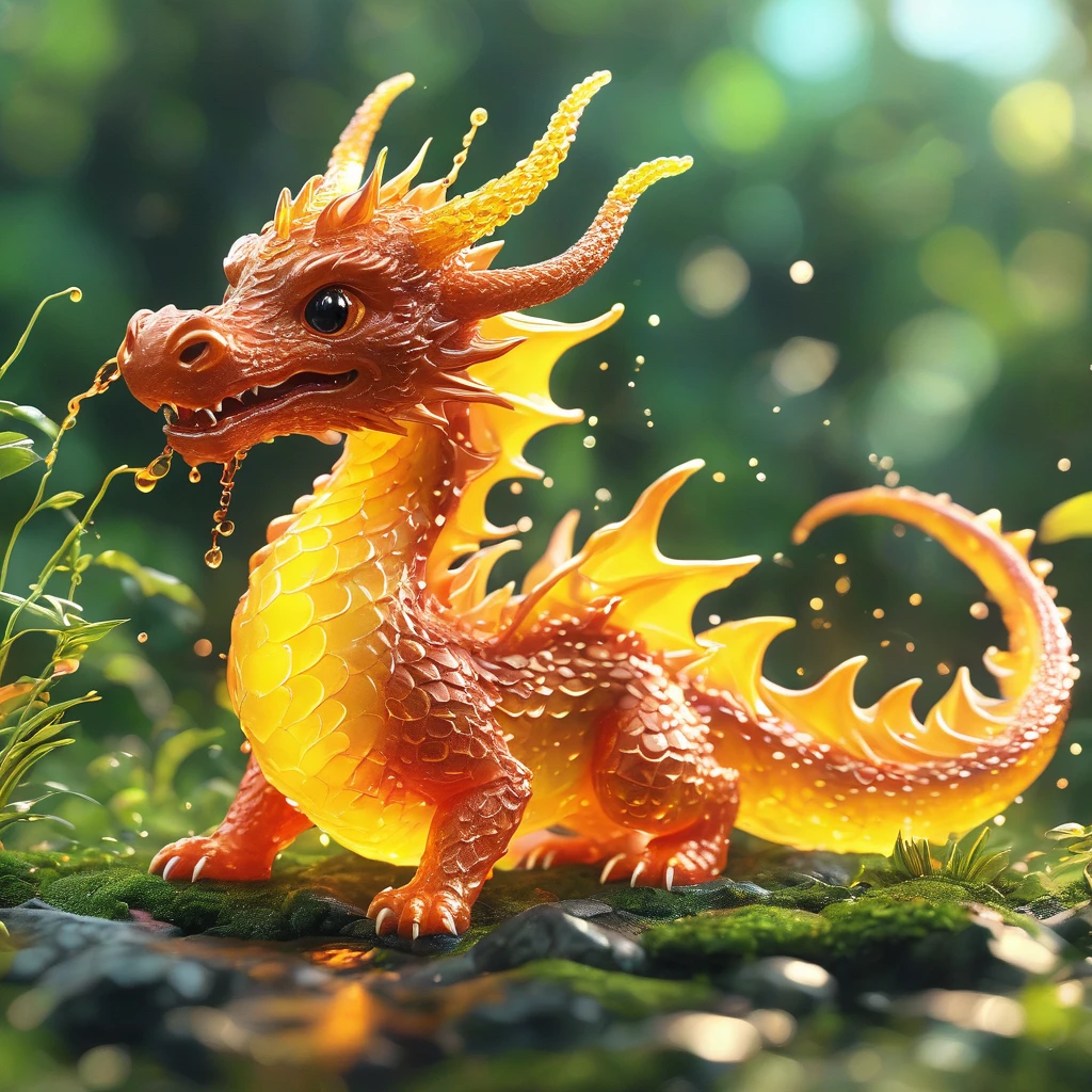 best quality, very good, 16K, ridiculous, Extremely detailed, Cute slime dragon,The horns are made of translucent boiling lava, Background grassland((A masterpiece full of fantasy elements))), ((best quality)), ((Intricate details))(8k)