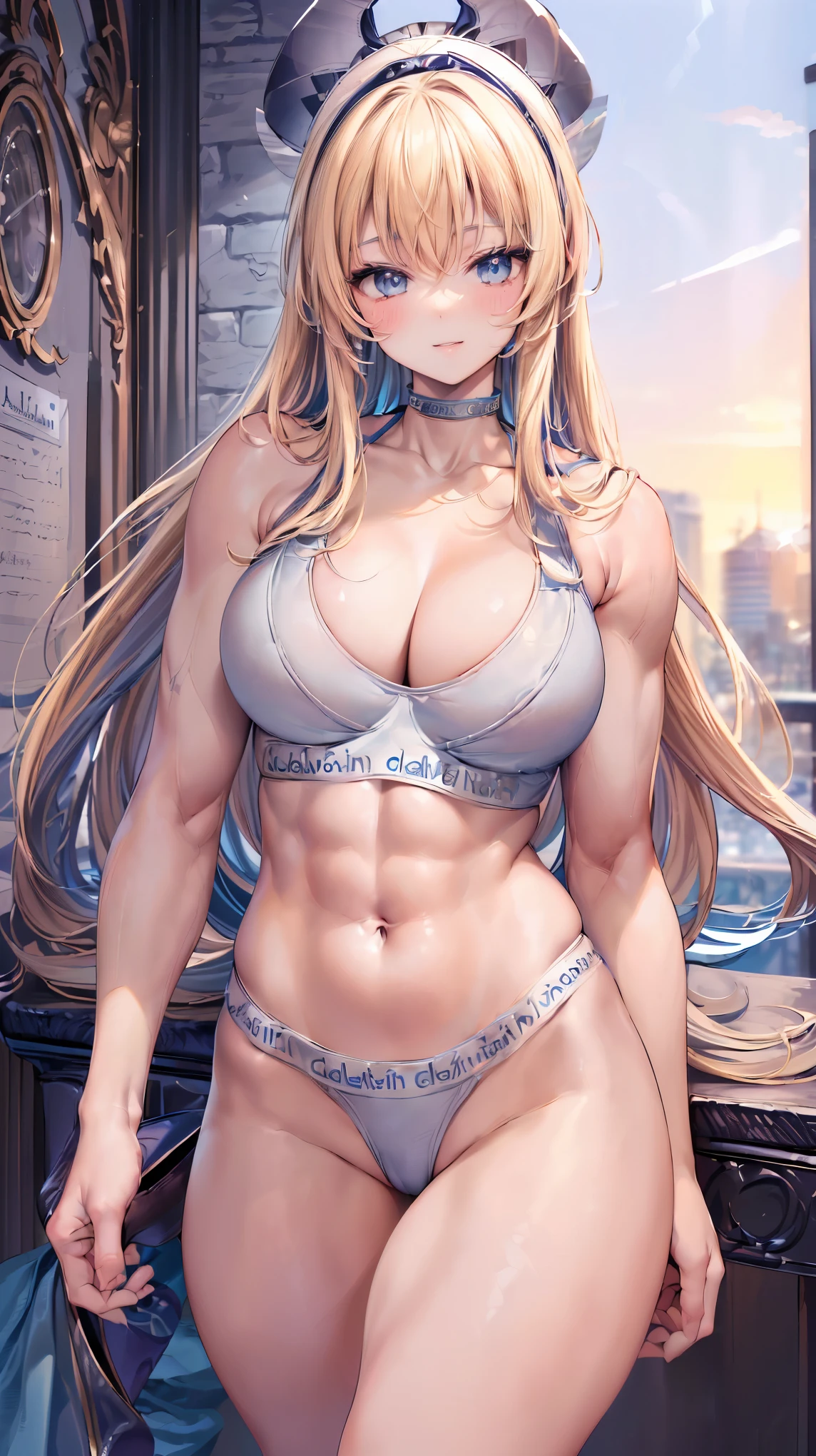 Very detailed、highest quality、Best image quality、masterpiece、8k、Anime Face、(A kind smile:1.1)、(Open your mouth:1.3)、Sparkling blue eyes、(Blonde semi-long hair:1.5)、(Muscles of the whole body:1.3)、(High leg:2.0)、Thigh belt、(Calvin Klein Lingerie:1.7)、(Upper body photo:1.5)、(SFW Giant)、(Thick body:1.3)